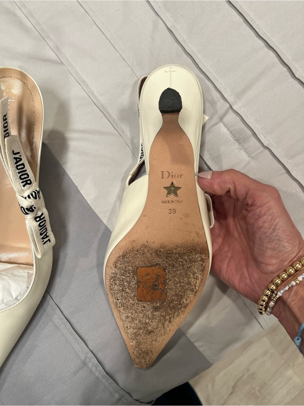 Dior Cream Patent Pointed Slingback Heels with J'Adior Ribbon - Picture 15 of 15